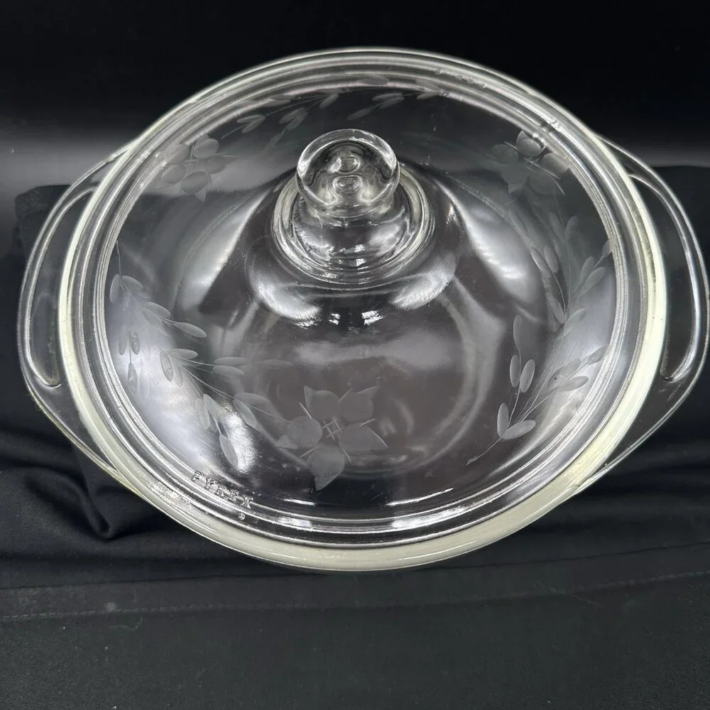 Vtg Pyrex Clear Glass Casserole w/ Etched Floral Lid 023 1.5 QT 623-C 1950s-60s